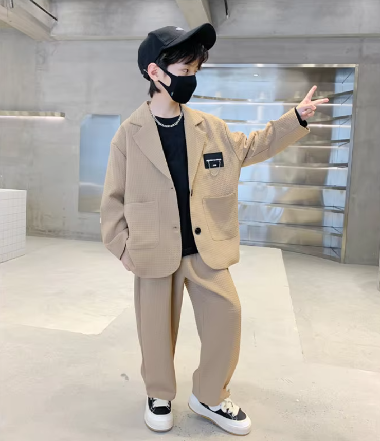 Korean Boys Suit Blazer+Pants Two Piece Khaki Casual Formal Soft Clothing Set