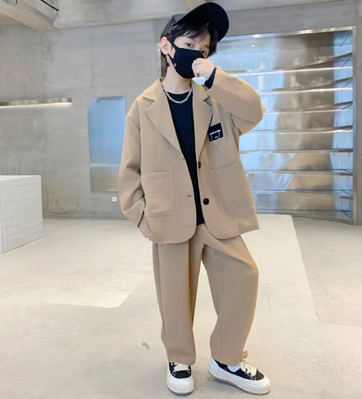 Korean Boys Suit Blazer+Pants Two Piece Khaki Casual Formal Soft Clothing Set